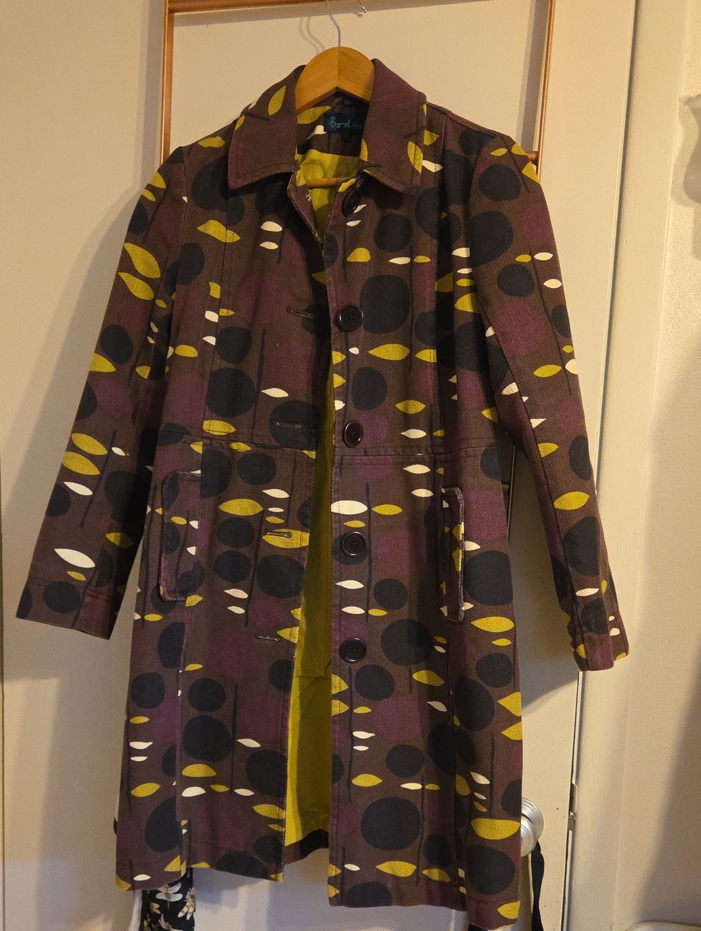 Boden Women's Purple Mid Century Modern Patterned Long Coat with Yellow Accents